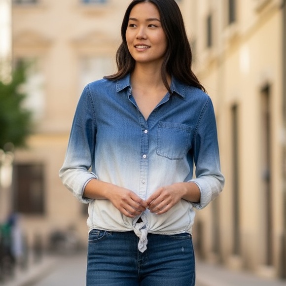 ANTHROPOLOGIE Current Air Ombre chambray tie front button up shirt size xs - Picture 1 of 6